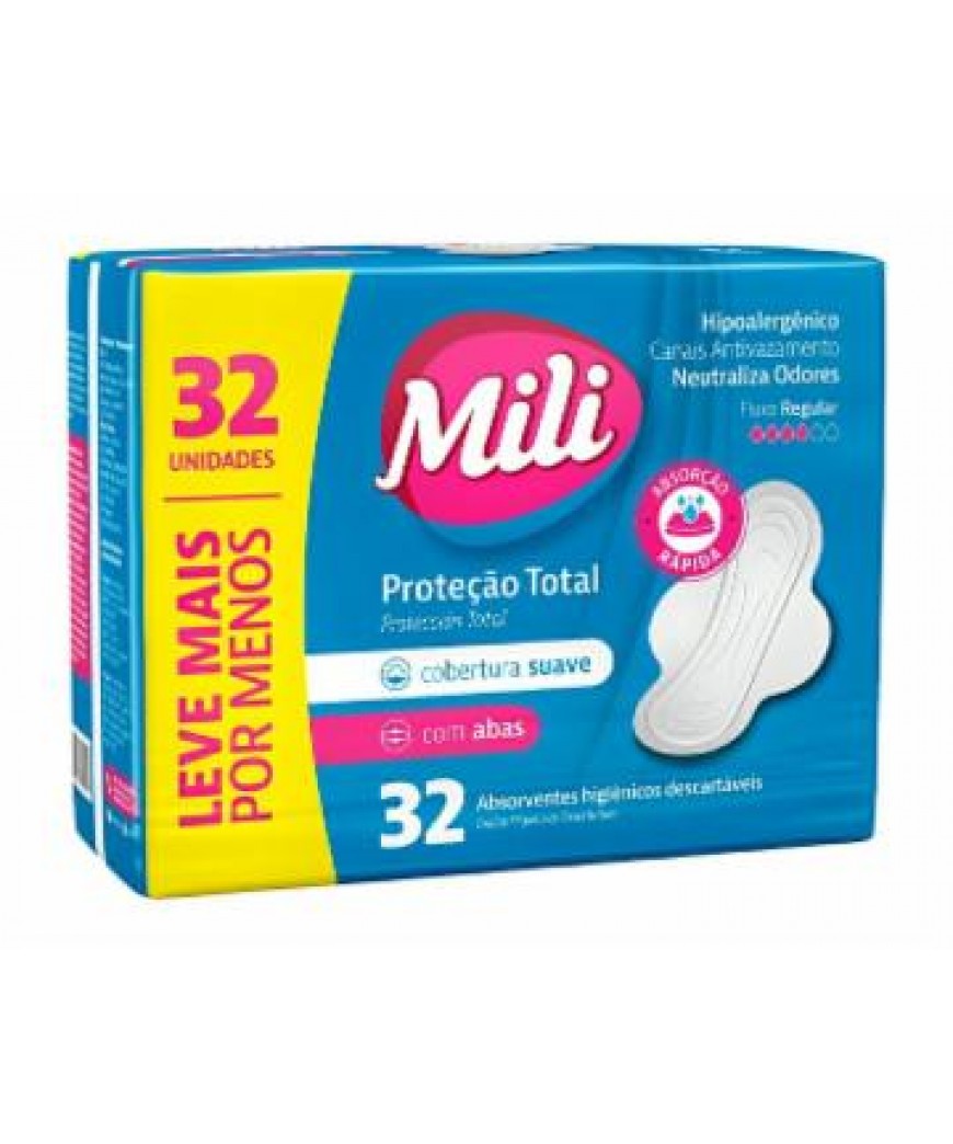 ABSORVENTE MILI CONFORT TOTAL COM ABAS SUAVE 32UN